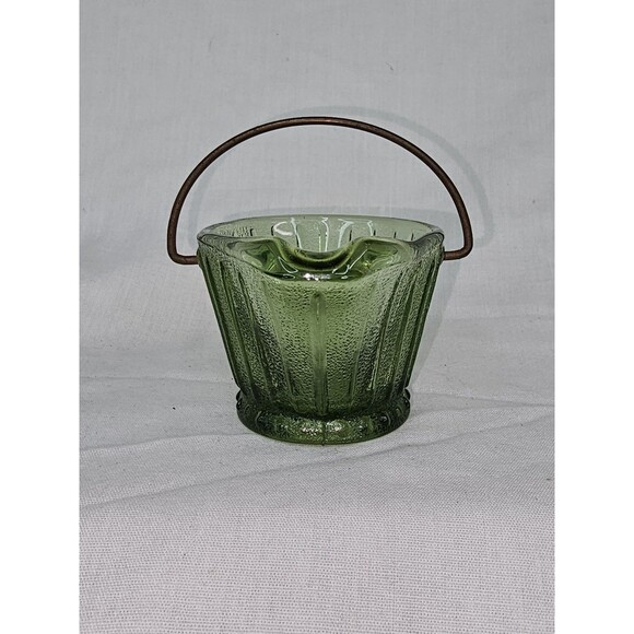 Vintage Green Ribbed Glass “Wash Bucket” Basket Metal Handle Mid-Century Decor - Picture 8 of 10